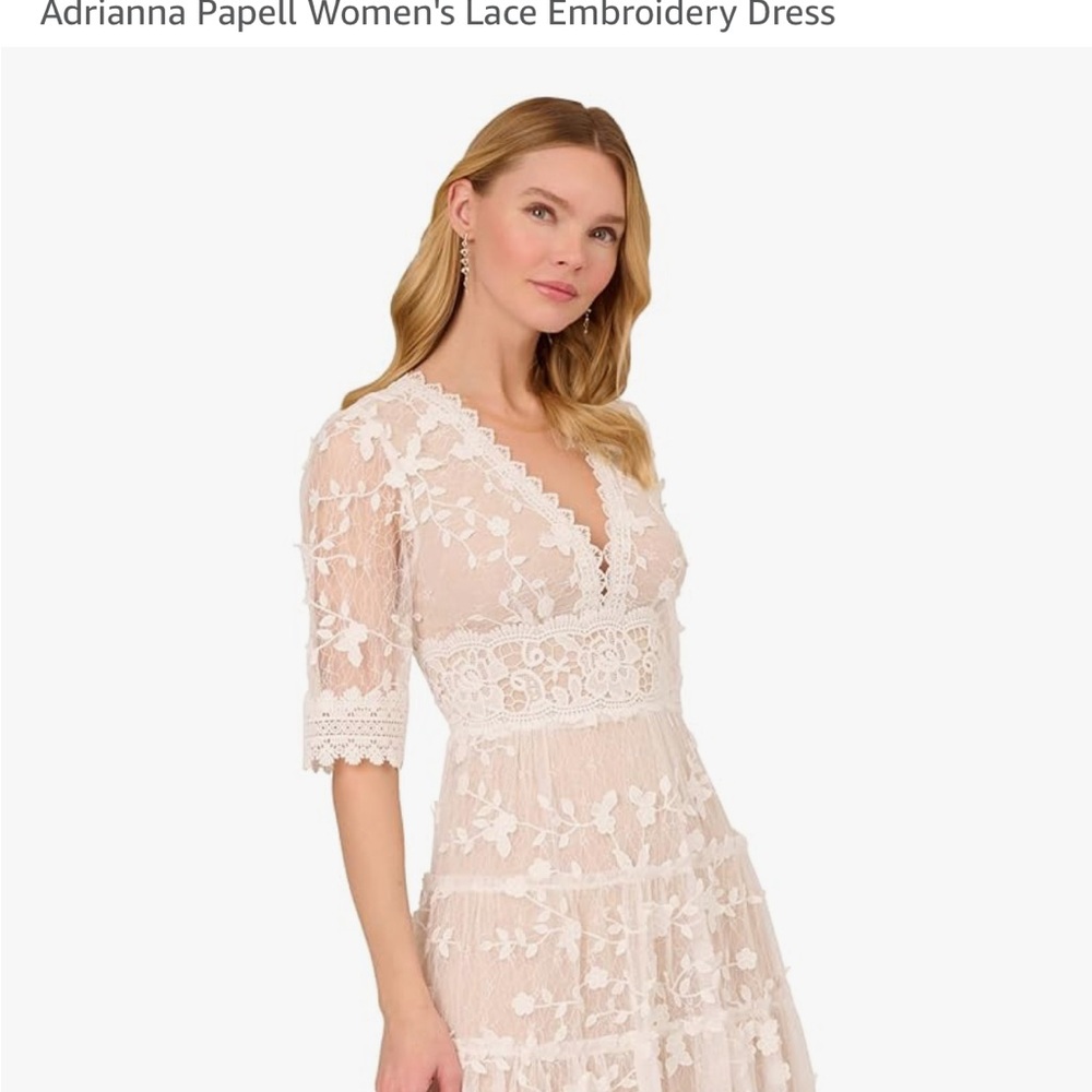Adrianna Papell off white tiered sheer Lace Wedding Shower Brunch Dress 10